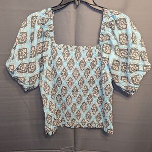 Maurices Light Blue Patterned Square Neck Puff Sleeve Blouse